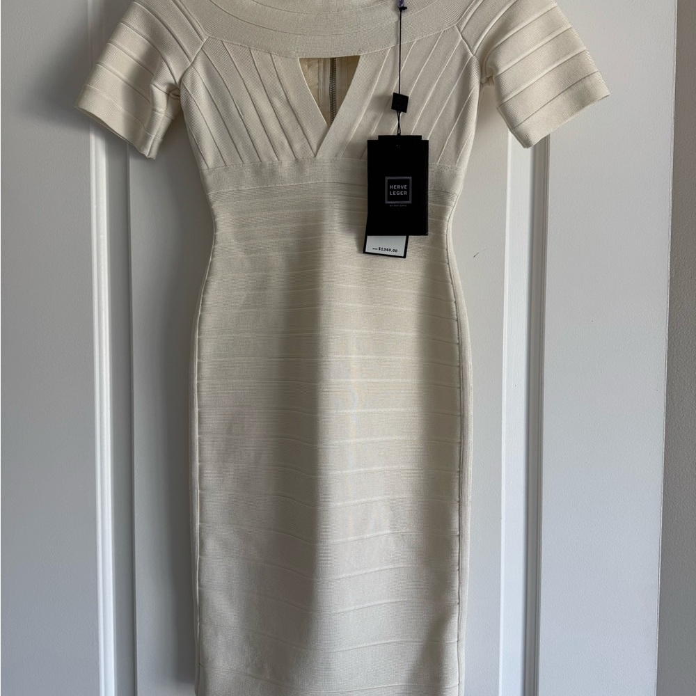 Herve Leger Cream Asymmetrical Sheath Dress